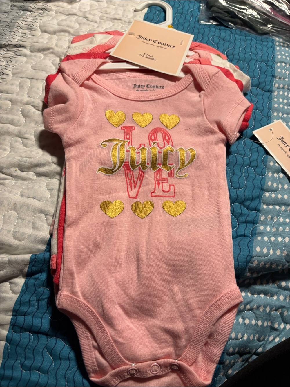 Juicy Couture Pink Baby Bodysuit with Gold Hearts & Logo
